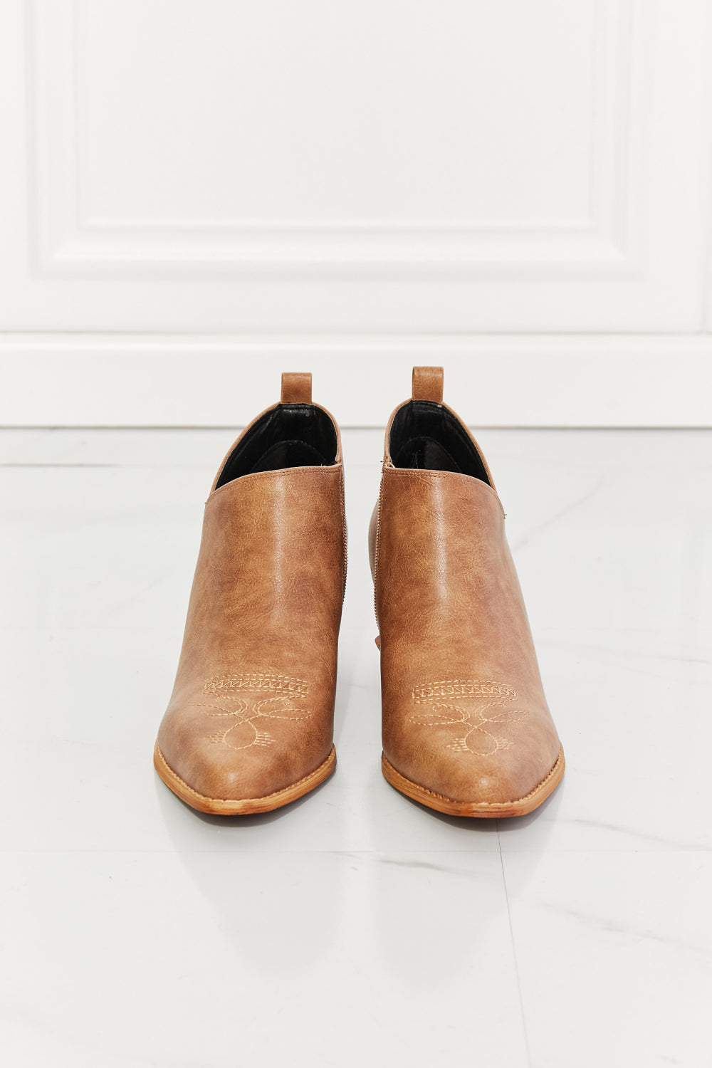 MMShoes Trust Yourself Embroidered Crossover Cowboy Bootie in Caramel - The Daily Makeover