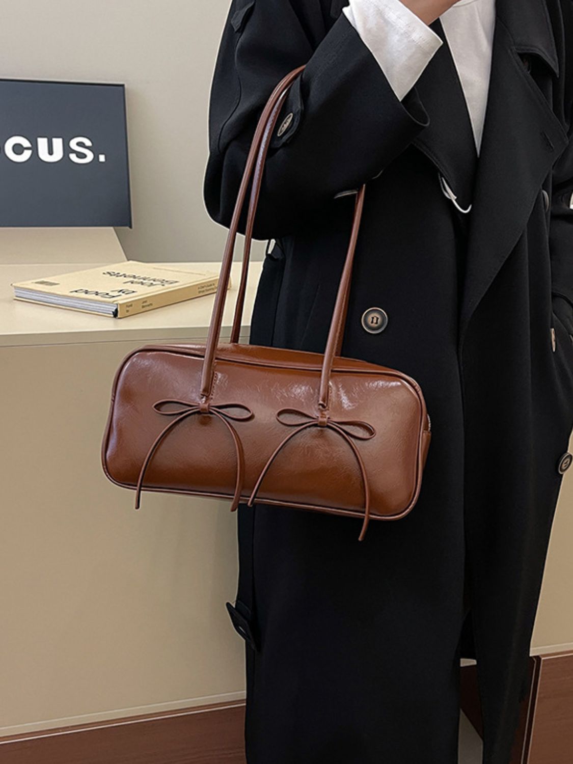 PU Leather Bow Trim Shoulder Bag - The Daily Makeover