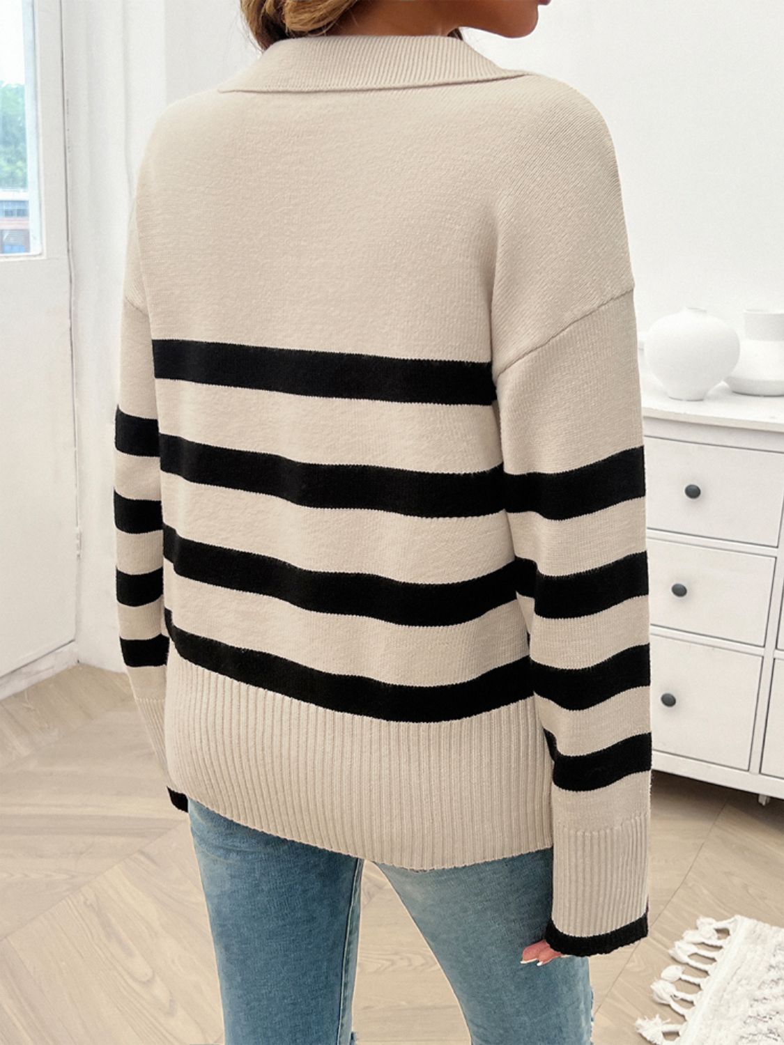 Striped Collared Neck Long Sleeve Sweater - The Daily Makeover
