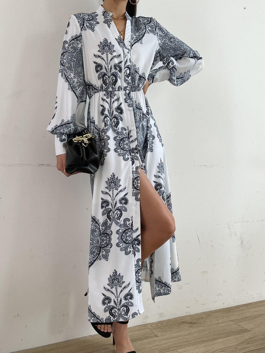 Printed Notched Lantern Sleeve Midi Dress - The Daily Makeover