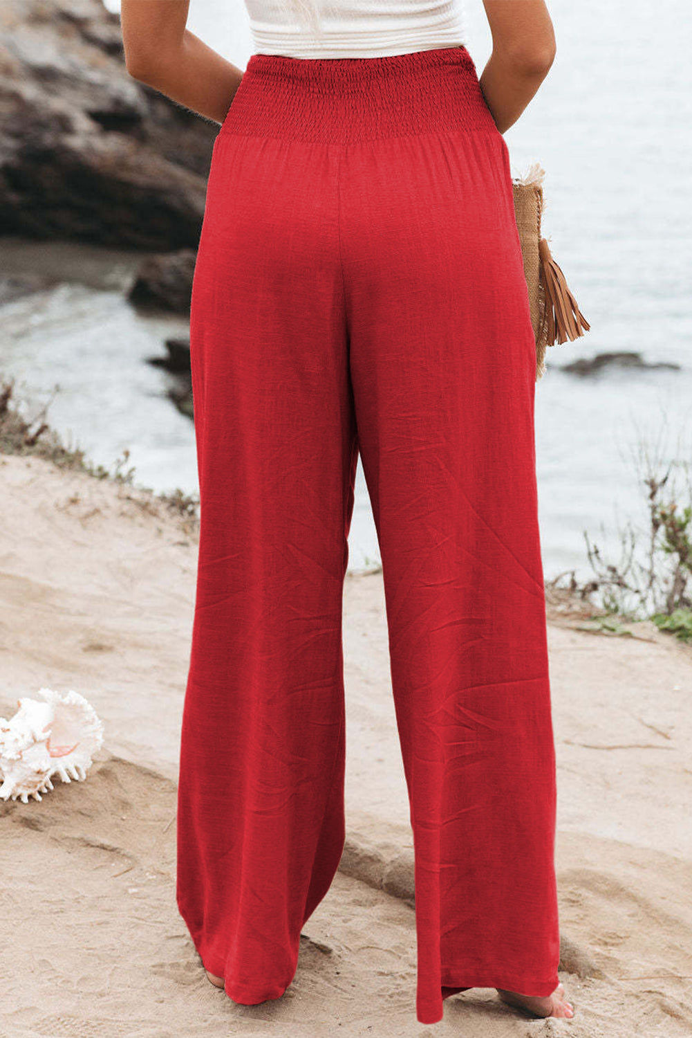 Khaki Smocked Wide Waistband High Waist Wide Leg Pants - The Daily Makeover