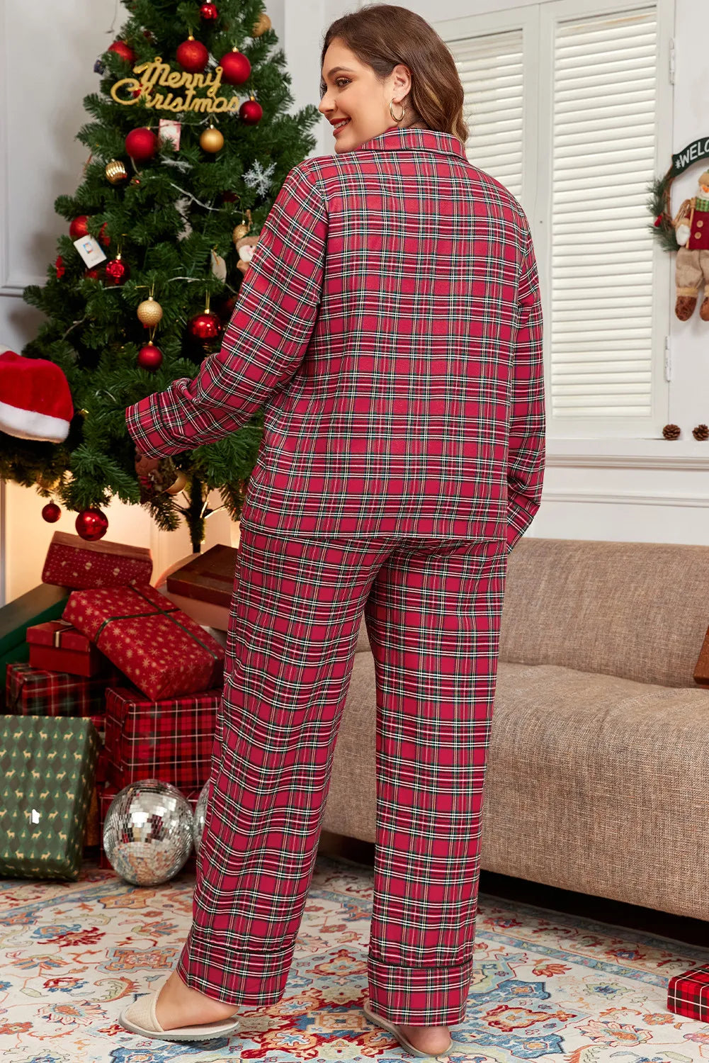 Plus Size Plaid Collared Neck Top and Pants Lounge Set - The Daily Makeover