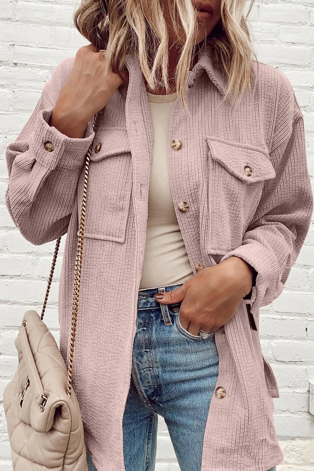 Pocketed Button Up Dropped Shoulder Shacket - The Daily Makeover