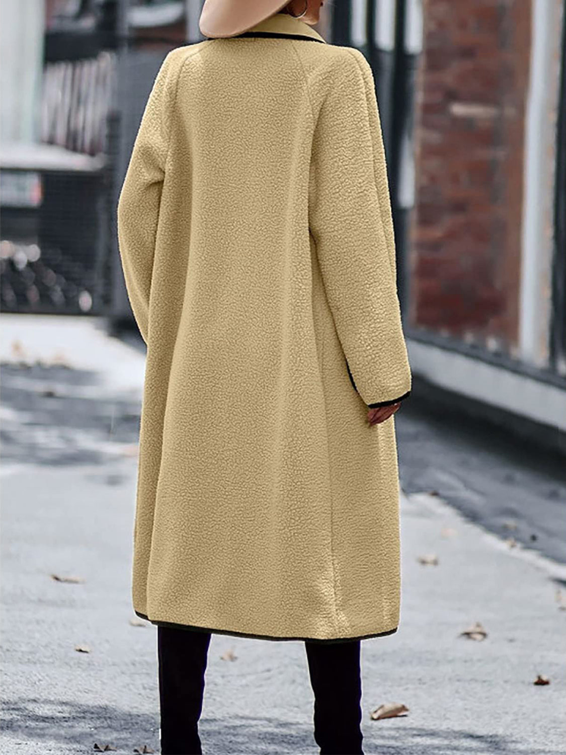 Full Size Contrast Trim Long Sleeve Coat with Pockets - The Daily Makeover