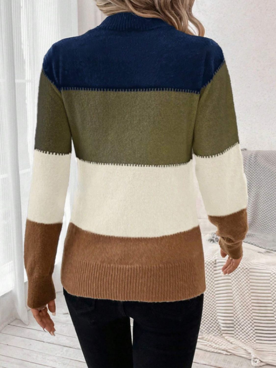 Color Block Mock Neck Long Sleeve Sweater - The Daily Makeover