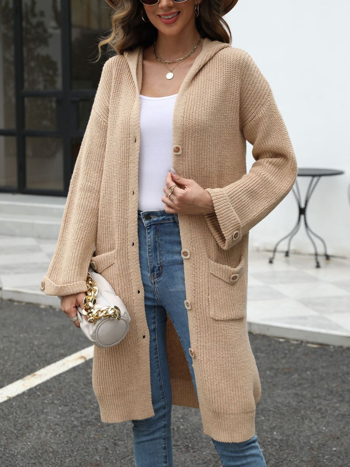 Pocketed Button Up Long Sleeve Hooded Cardigan - The Daily Makeover