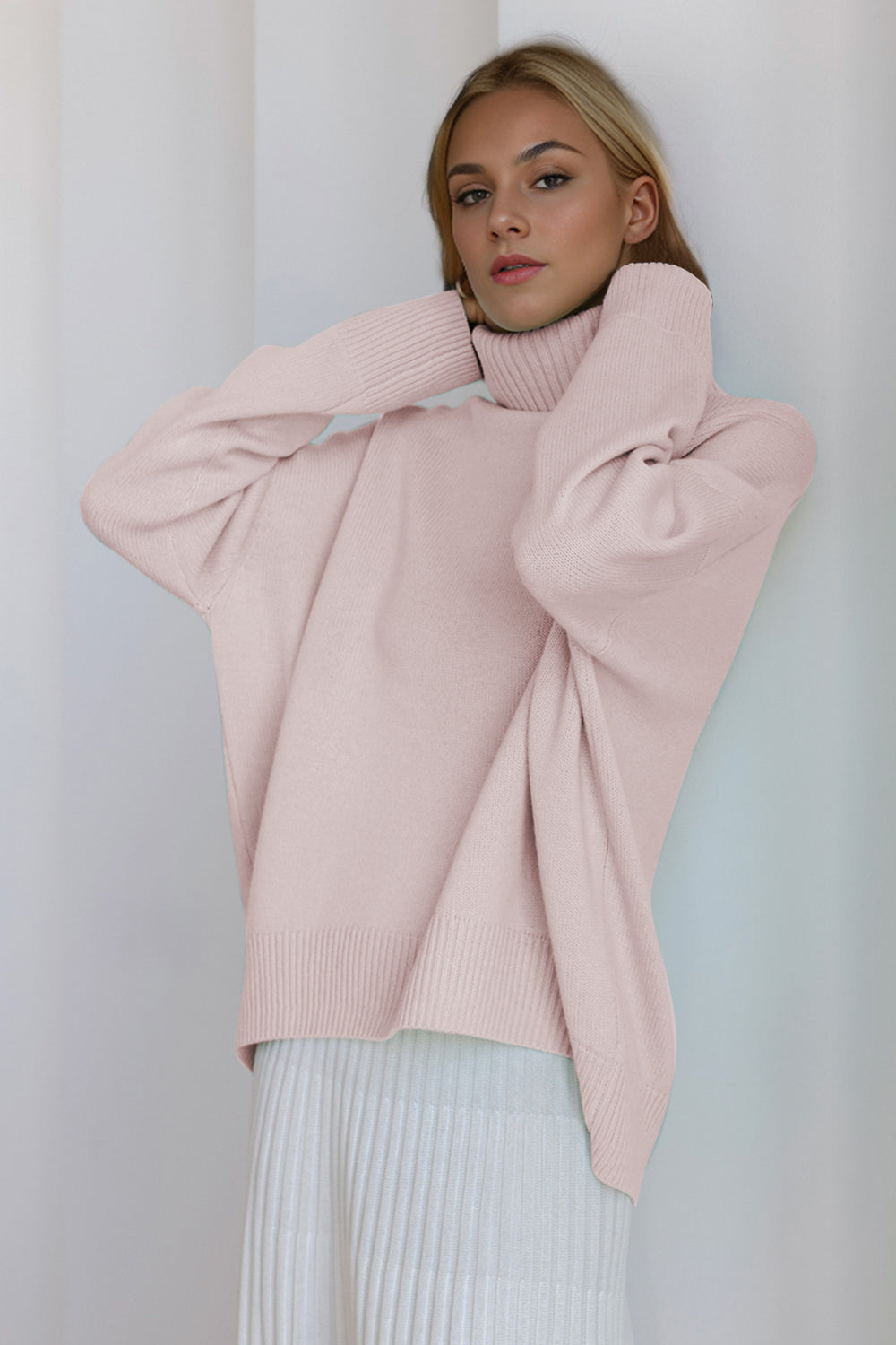 Turtleneck Dropped Shoulder Long Sleeve Sweater - The Daily Makeover