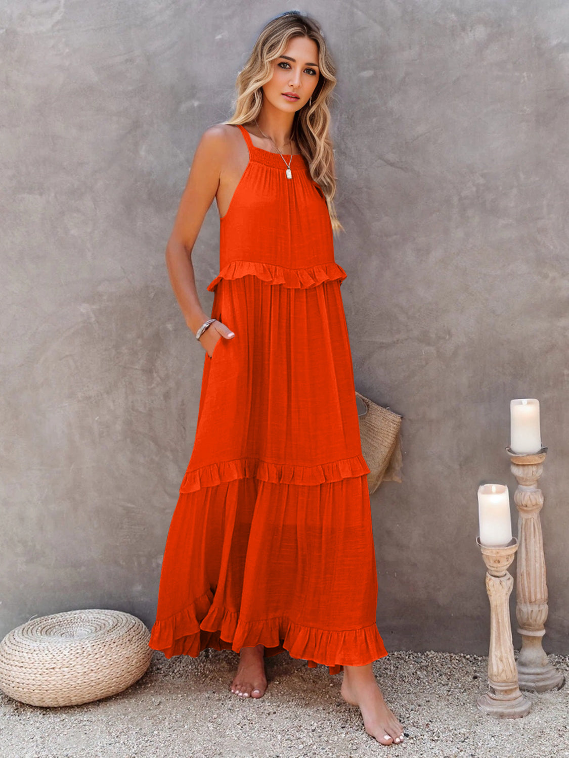 Ruffled Sleeveless Tiered Maxi Dress with Pockets - The Daily Makeover