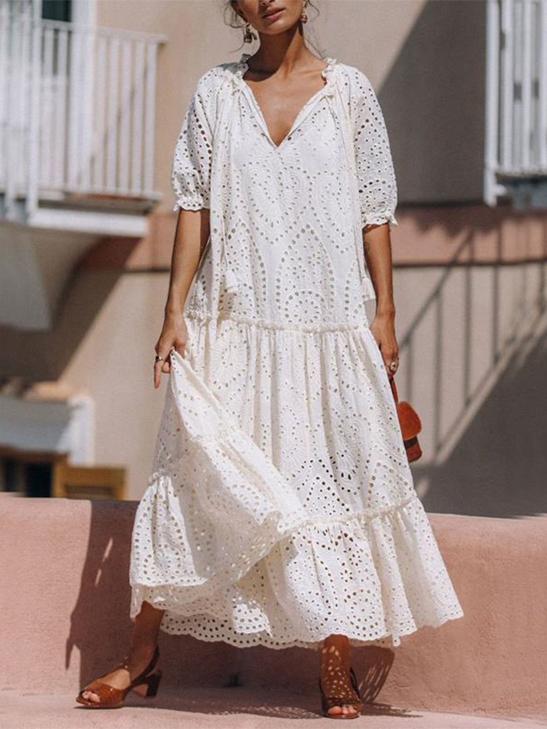 Tie Neck Half Sleeve Tiered Dress - The Daily Makeover