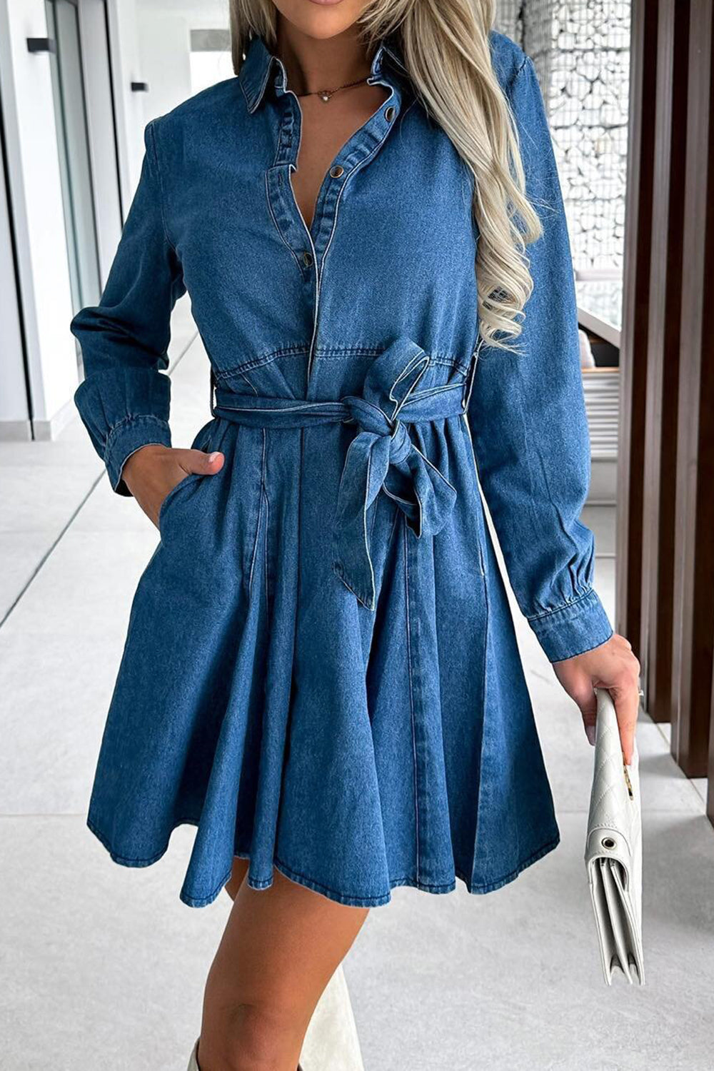 Tied Half Button Long Sleeve Denim Dress - The Daily Makeover