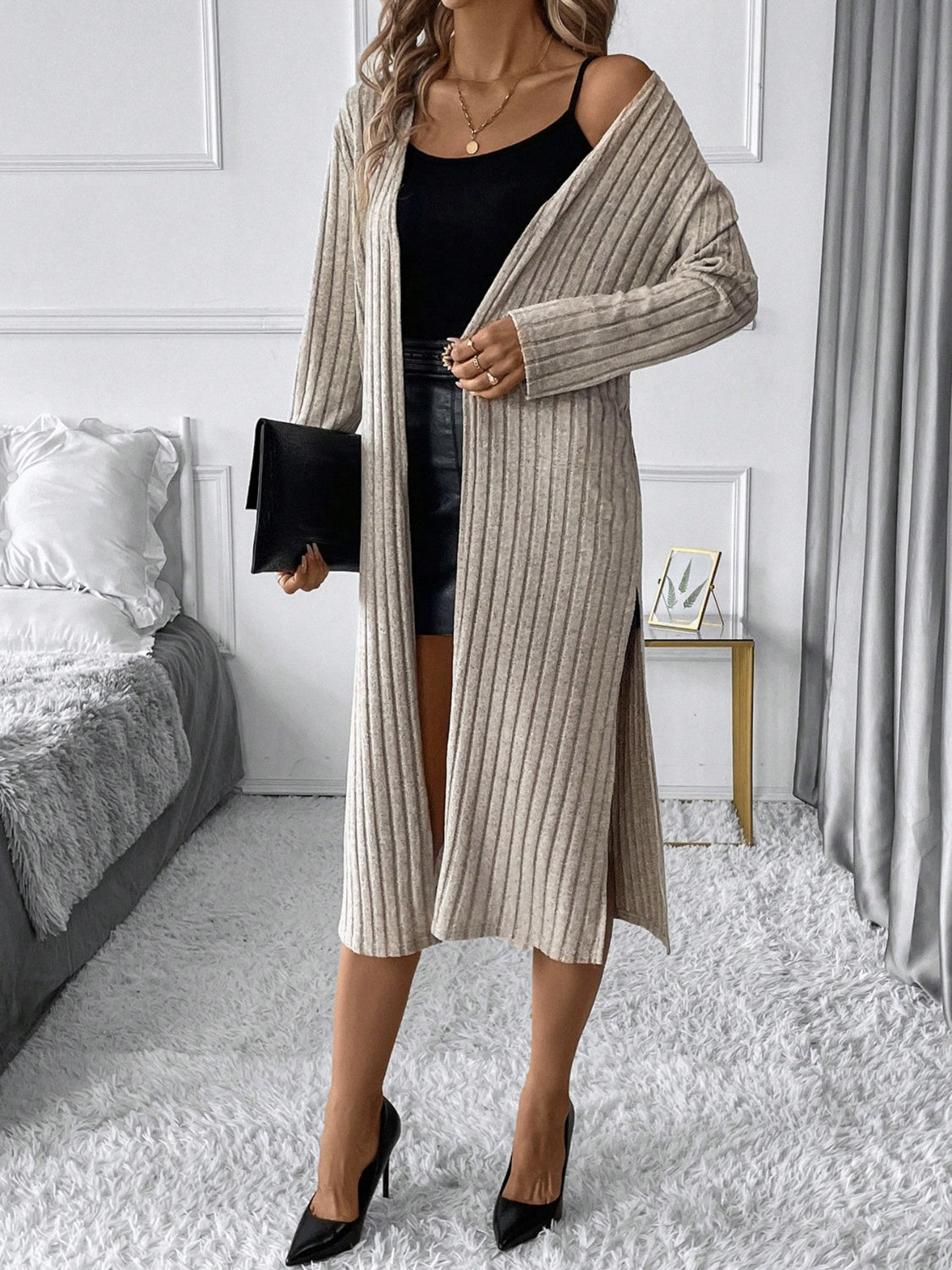 Side Slit Ribbed Open Front Cardigan - The Daily Makeover