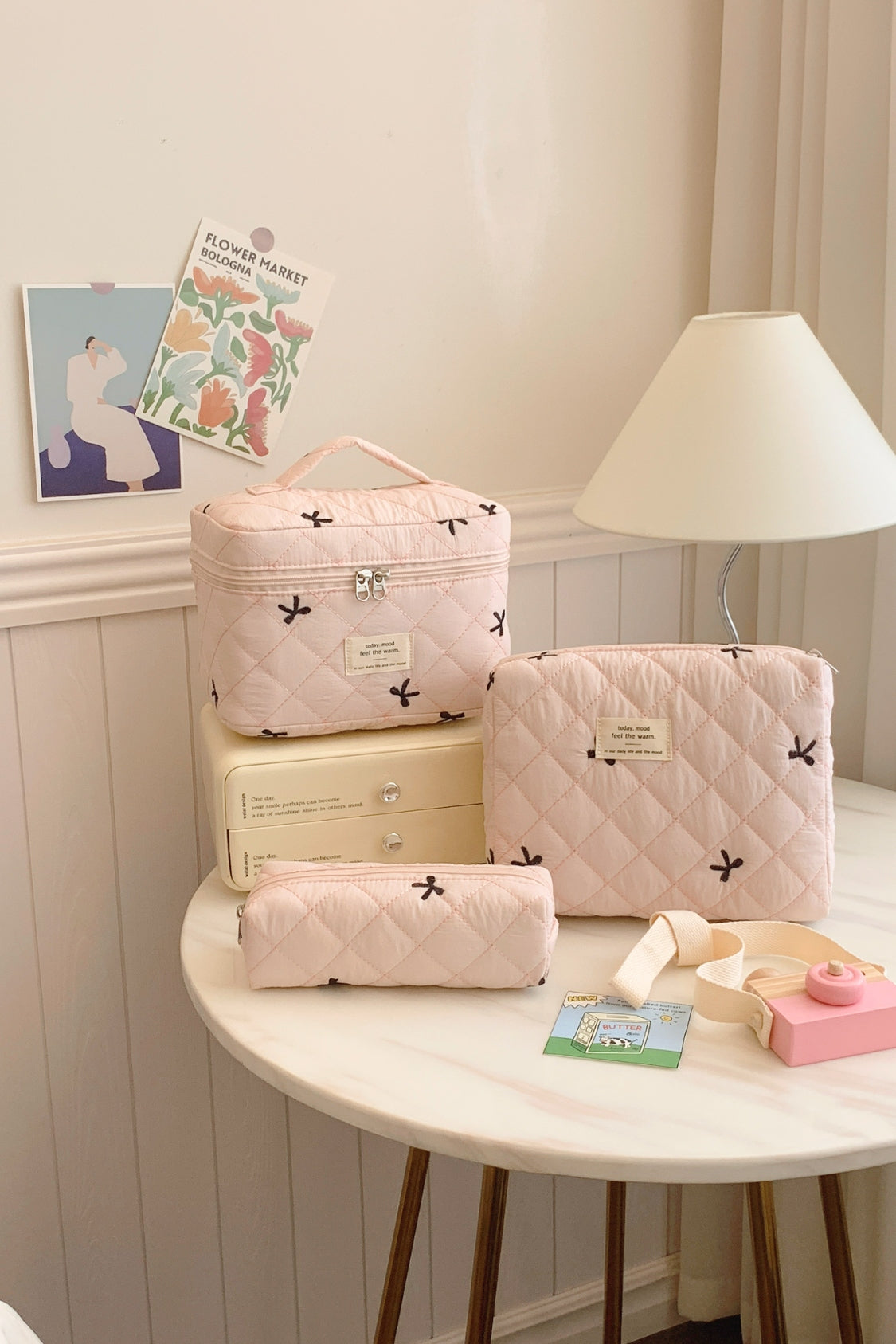 3 Piece Bow Quilted Cloth Storage Bag Set - The Daily Makeover