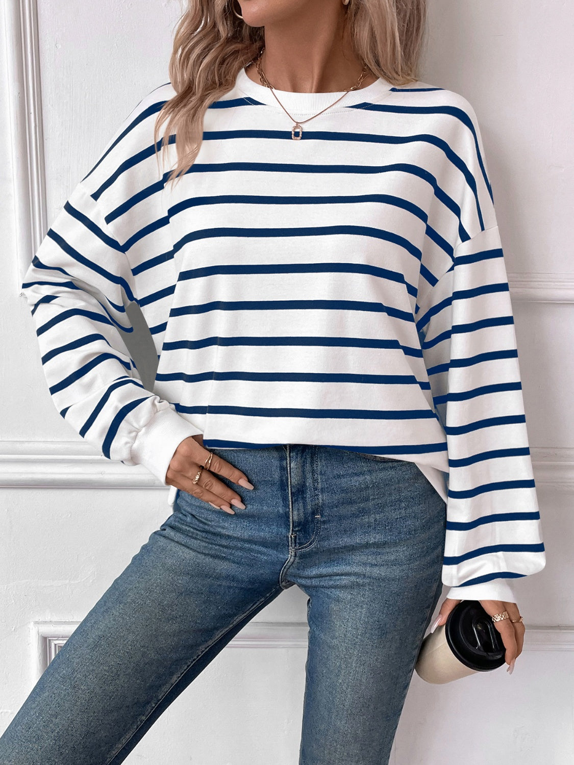 Striped Round Neck Long Sleeve Sweatshirt - The Daily Makeover