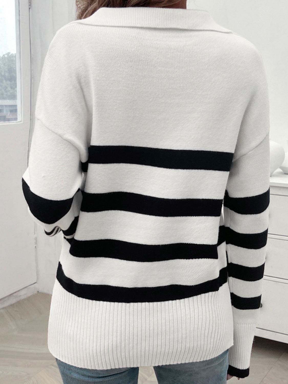Striped Collared Neck Long Sleeve Sweater - The Daily Makeover