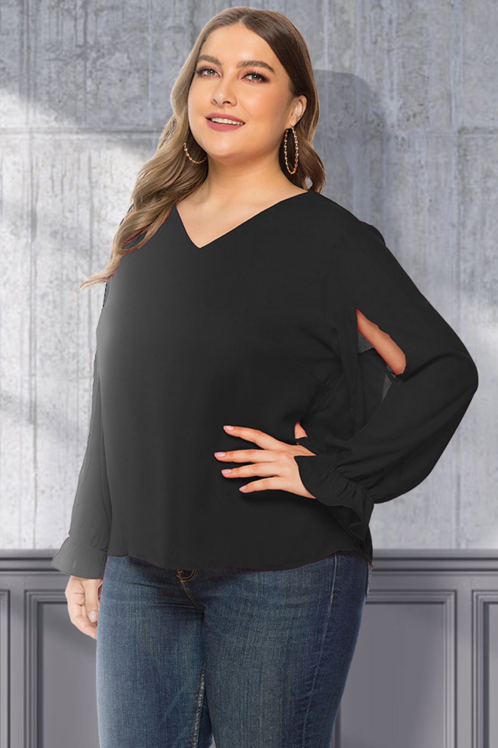 Plus Size Cutout Flounce Sleeve Blouse - The Daily Makeover