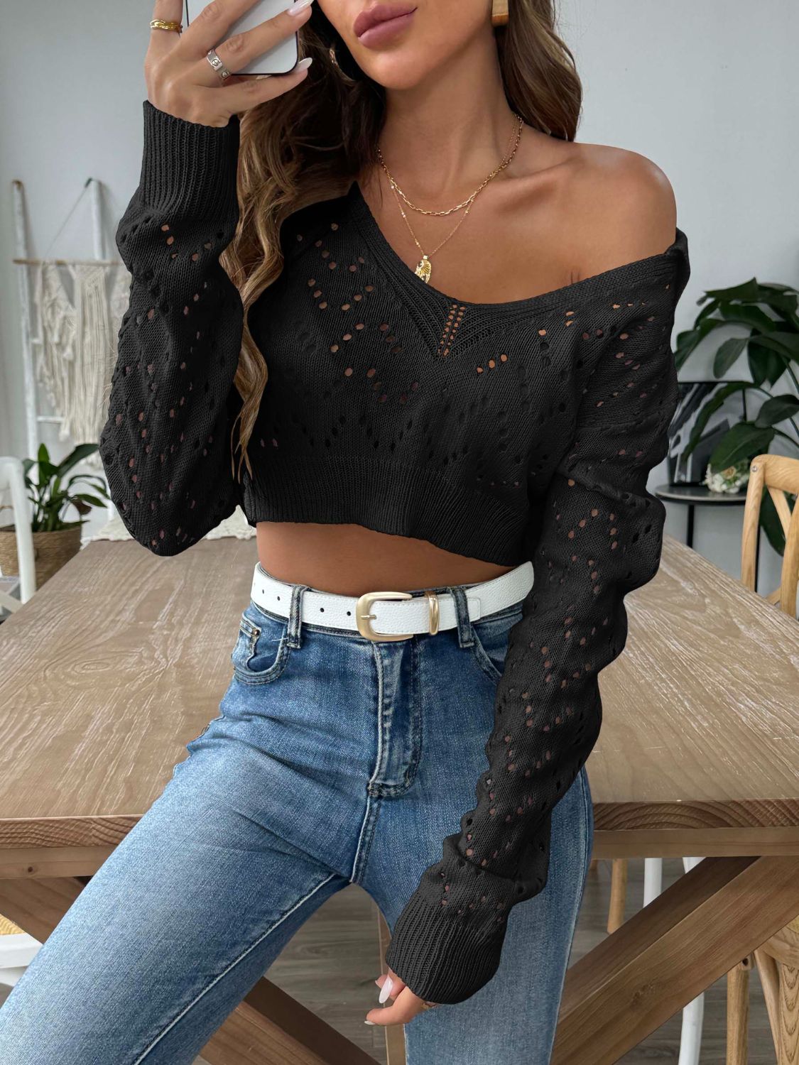Openwork Collared Neck Long Sleeve Knit Top - The Daily Makeover