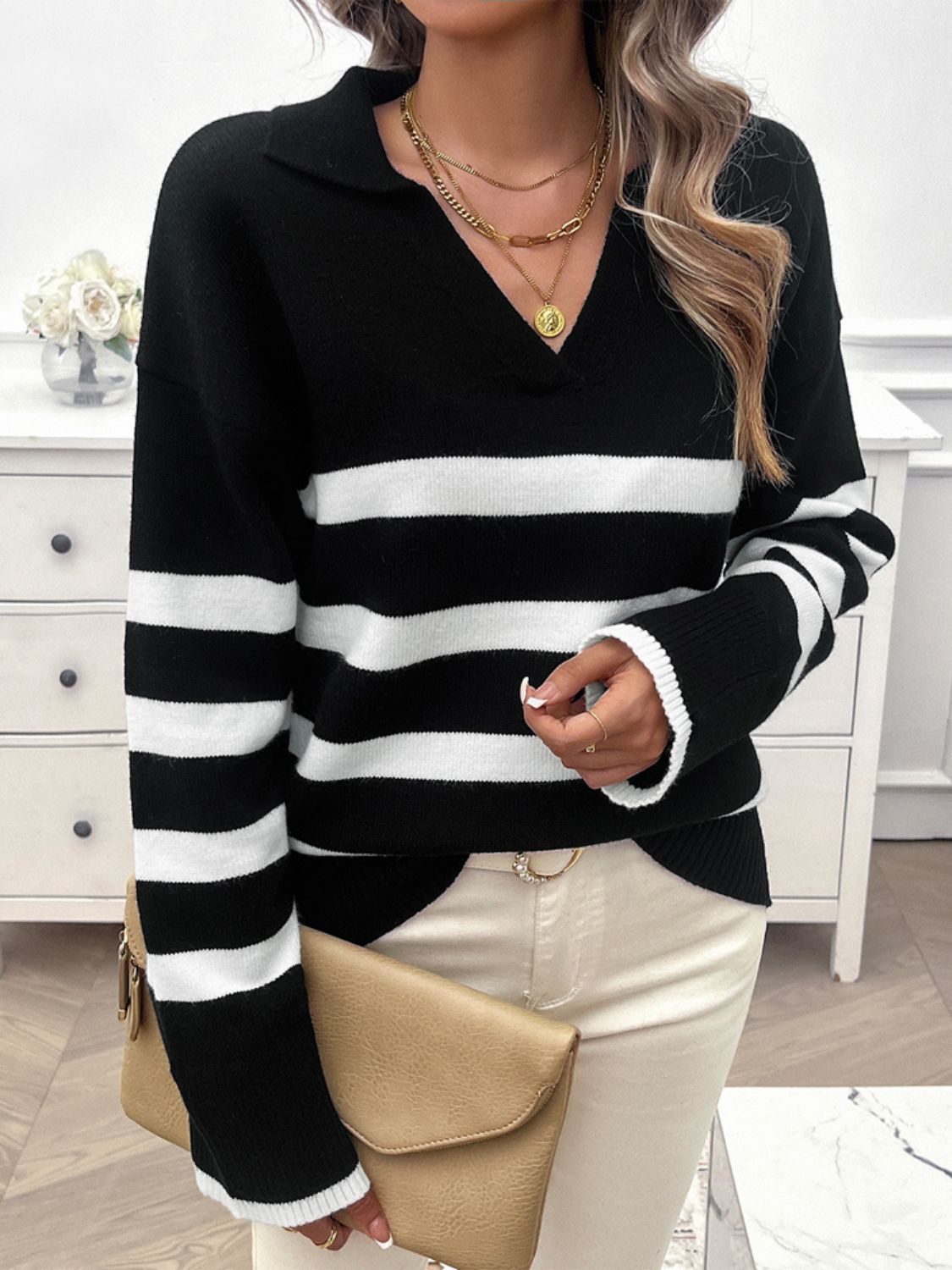 Striped Collared Neck Long Sleeve Sweater - The Daily Makeover