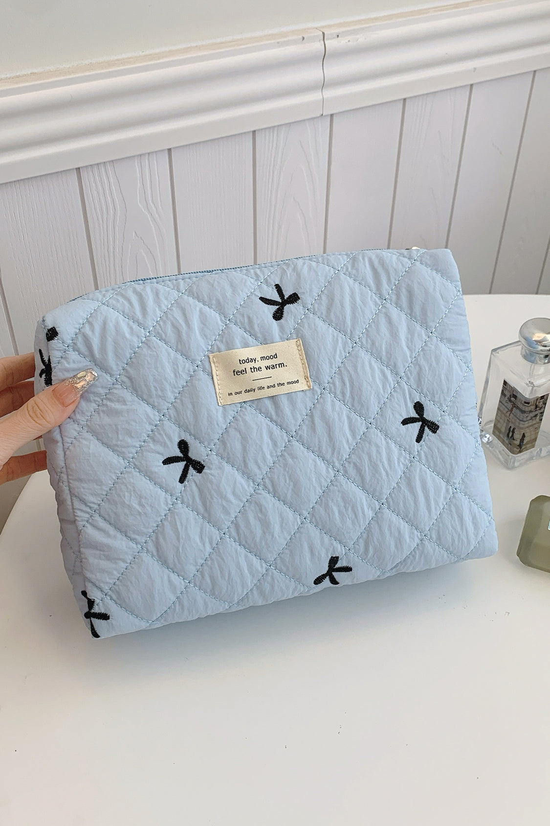 Bow Embroidered Quilted Storage Bag - The Daily Makeover