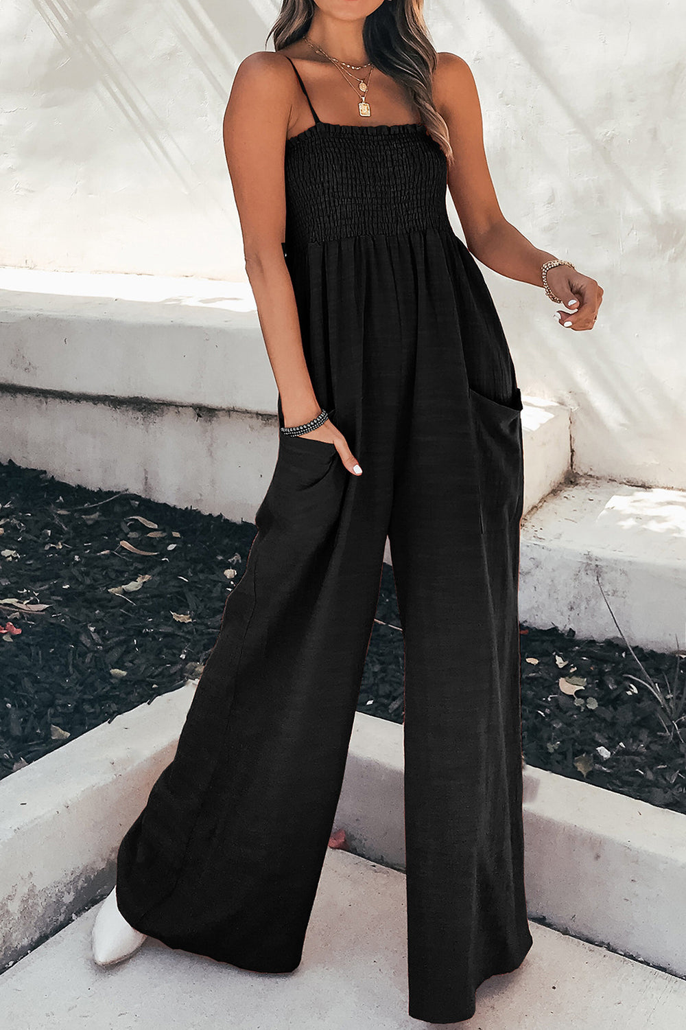 Smocked Spaghetti Strap Wide Leg Jumpsuit - The Daily Makeover