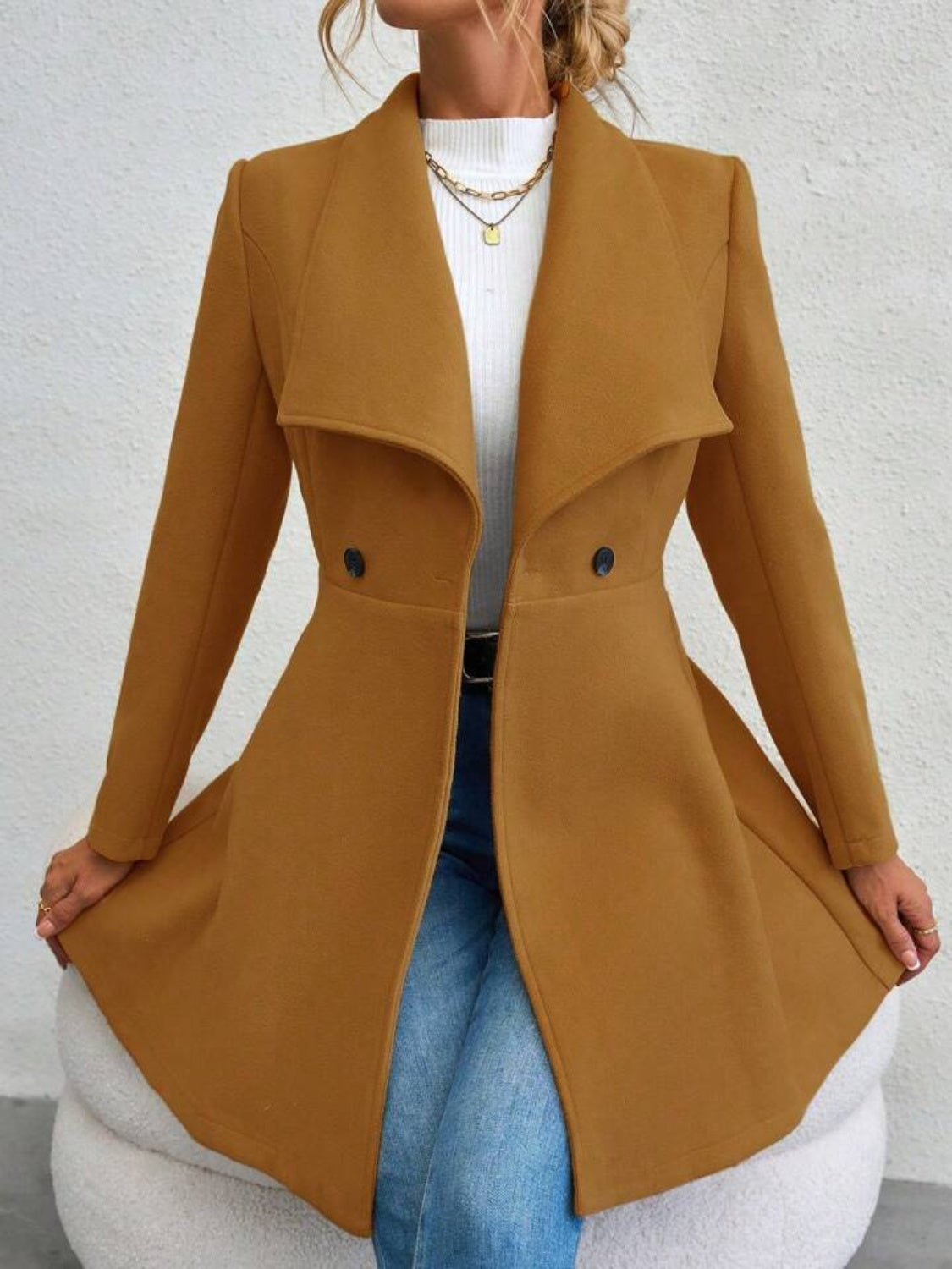 Collared Neck Button Up Long Sleeve Coat - The Daily Makeover