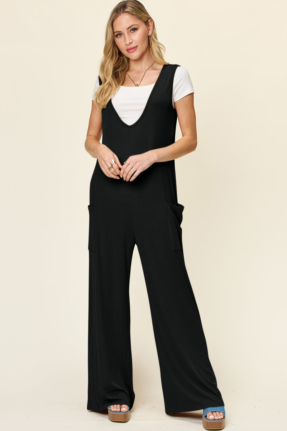Double Take Full Size Sleeveless Wide Leg Jumpsuit with Pockets - The Daily Makeover