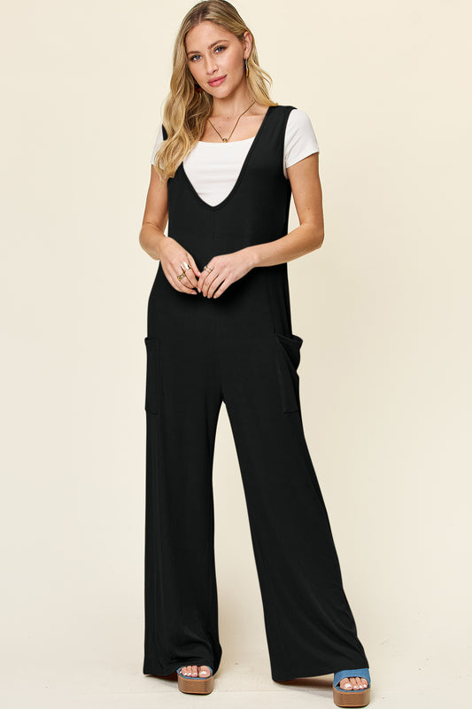 Double Take Full Size Sleeveless Wide Leg Jumpsuit with Pockets - The Daily Makeover
