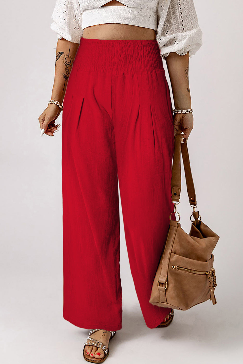 Khaki Smocked Wide Waistband High Waist Wide Leg Pants - The Daily Makeover