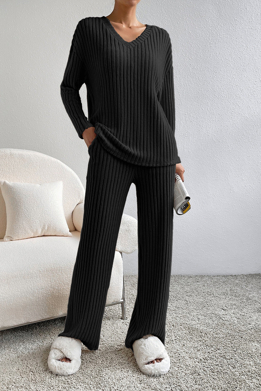Ribbed V-Neck Top and Pants Lounge Set - The Daily Makeover