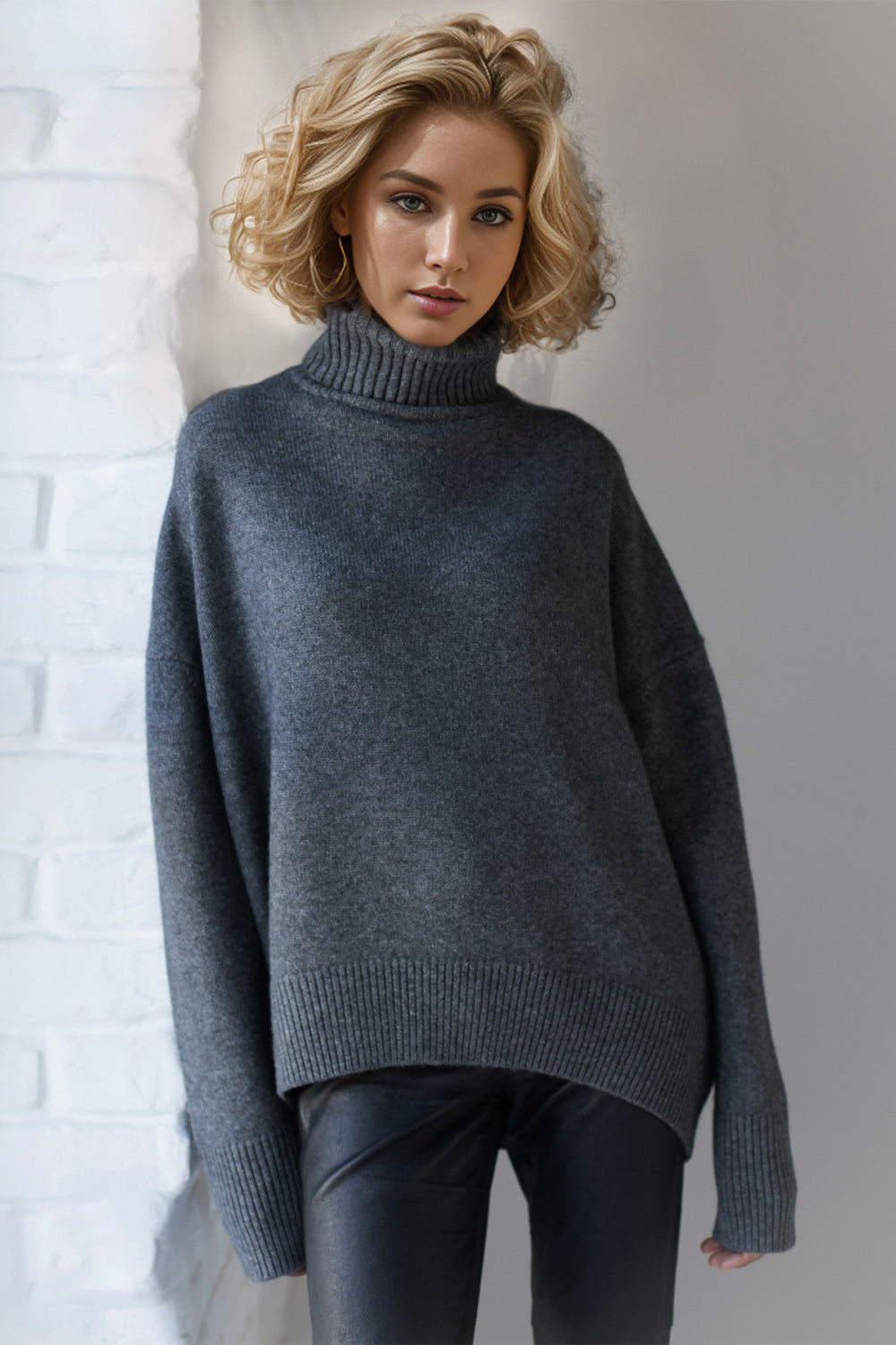Turtleneck Dropped Shoulder Long Sleeve Sweater - The Daily Makeover