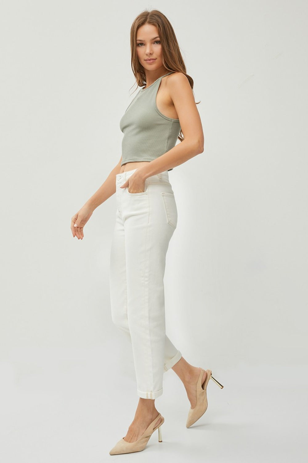 Full Size High Waist Rolled Hem Straight Jeans