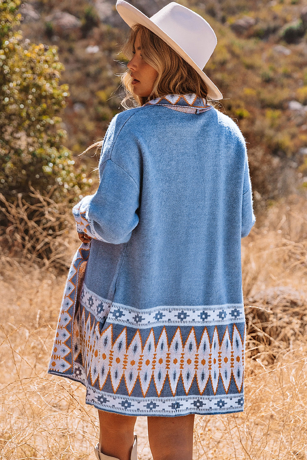 Blue Geometric Print Open Front Knit Cardigan - The Daily Makeover
