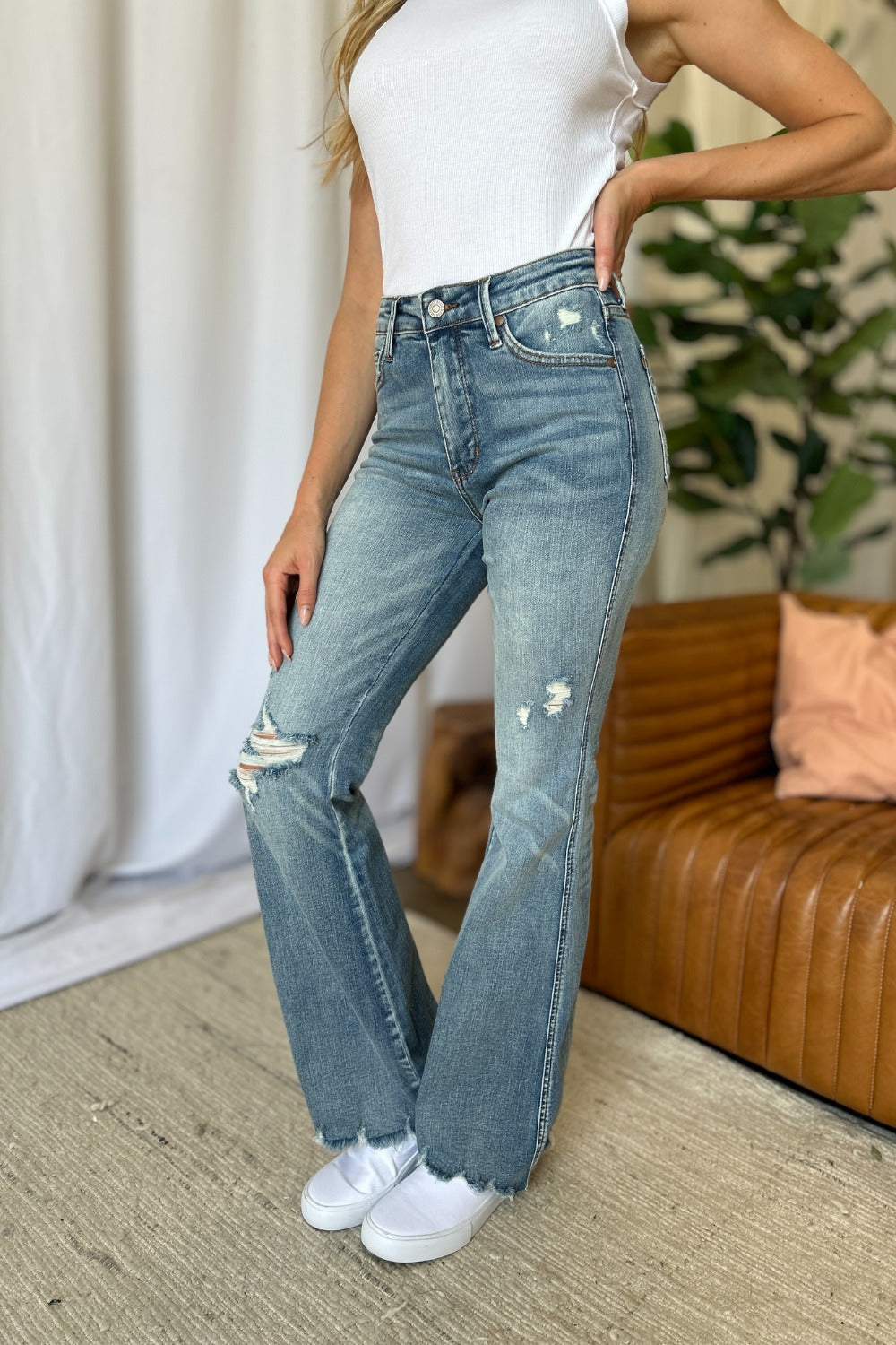 Judy Blue Full Size Medium Rise Tummy Control Destroy Flare - The Daily Makeover