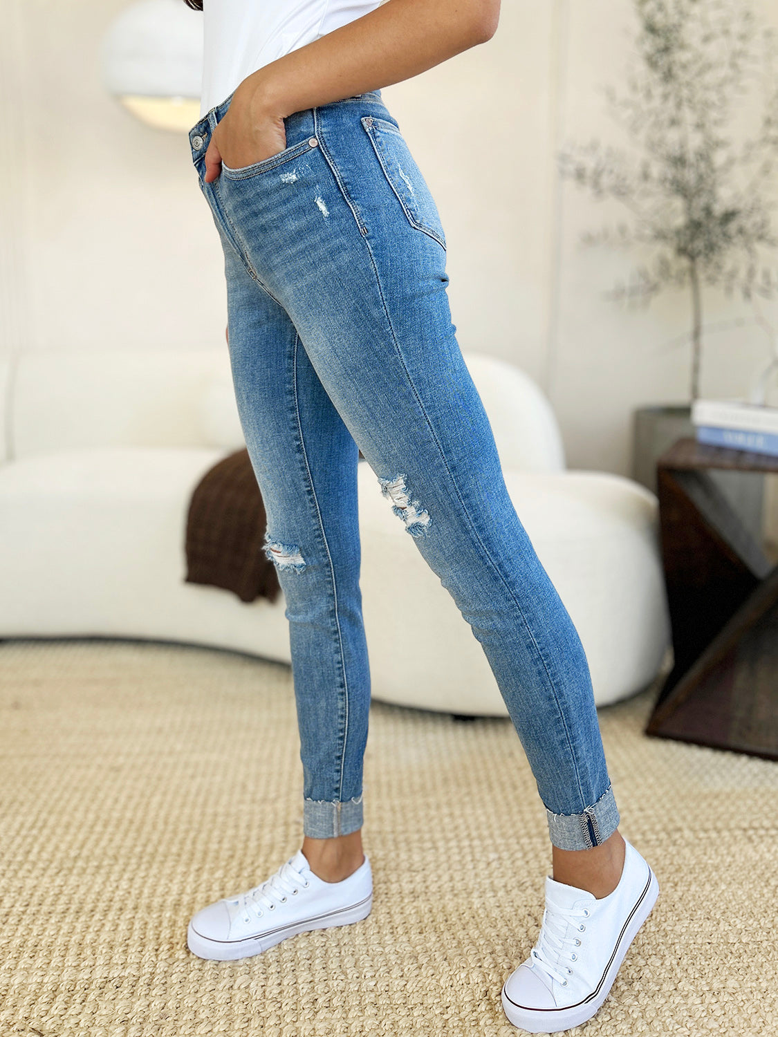 Judy Blue Full Size Mid Rise Destroy & Cuff Skinny Jeans - The Daily Makeover