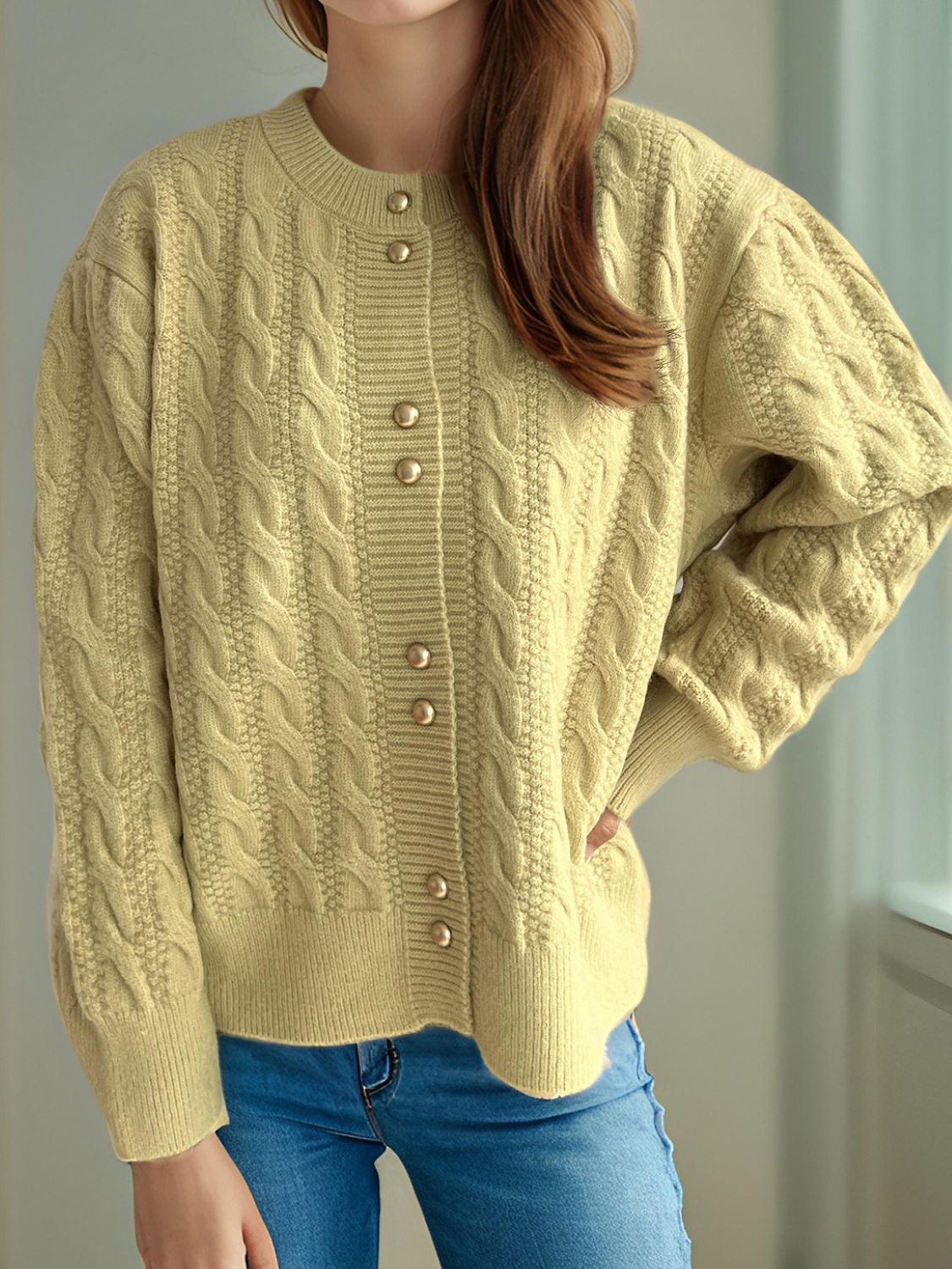 Cable-Knit Round Neck Long Sleeve Cardigan - The Daily Makeover