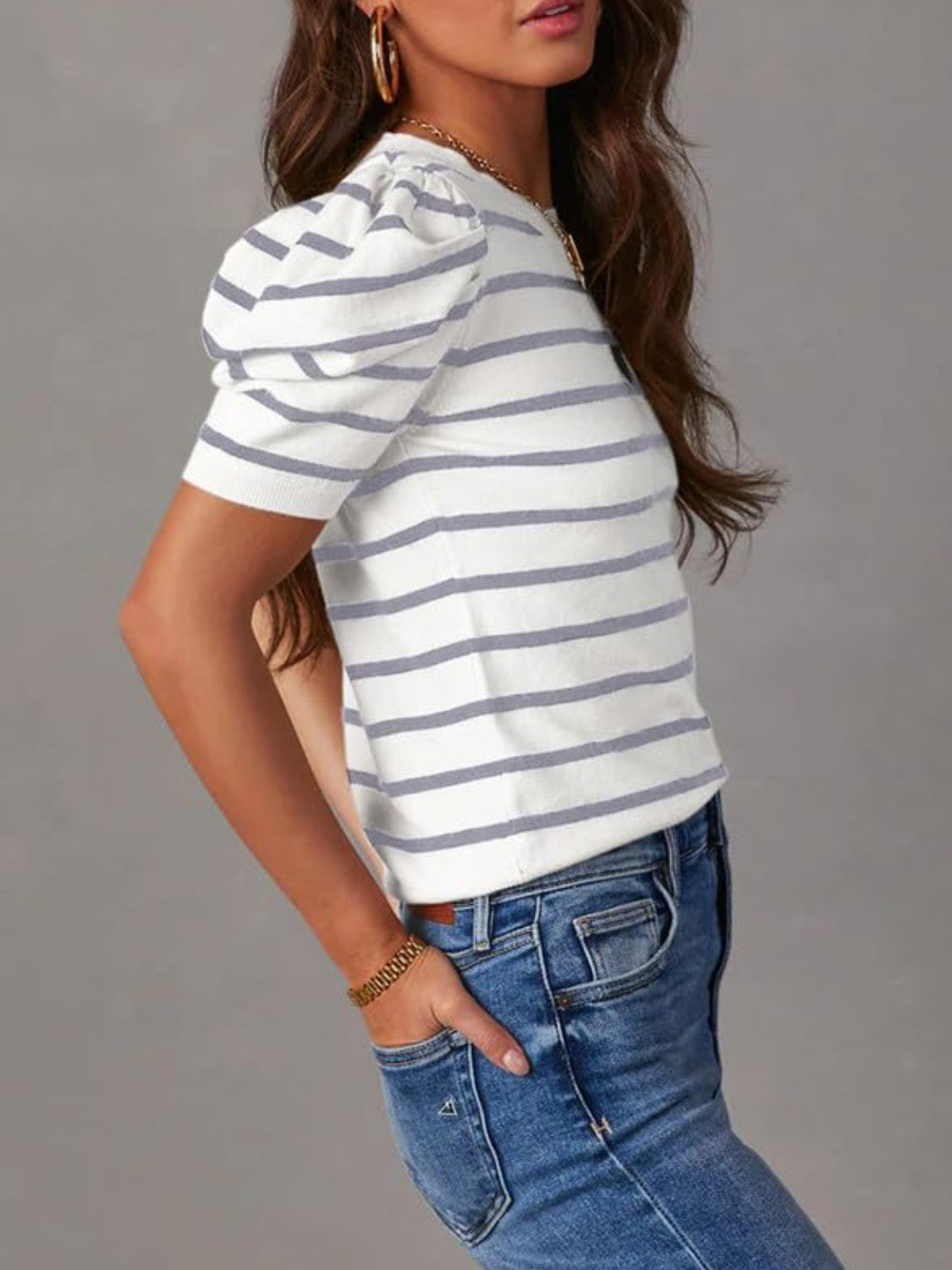 Striped Round Neck Puff Sleeve Knit Top - The Daily Makeover