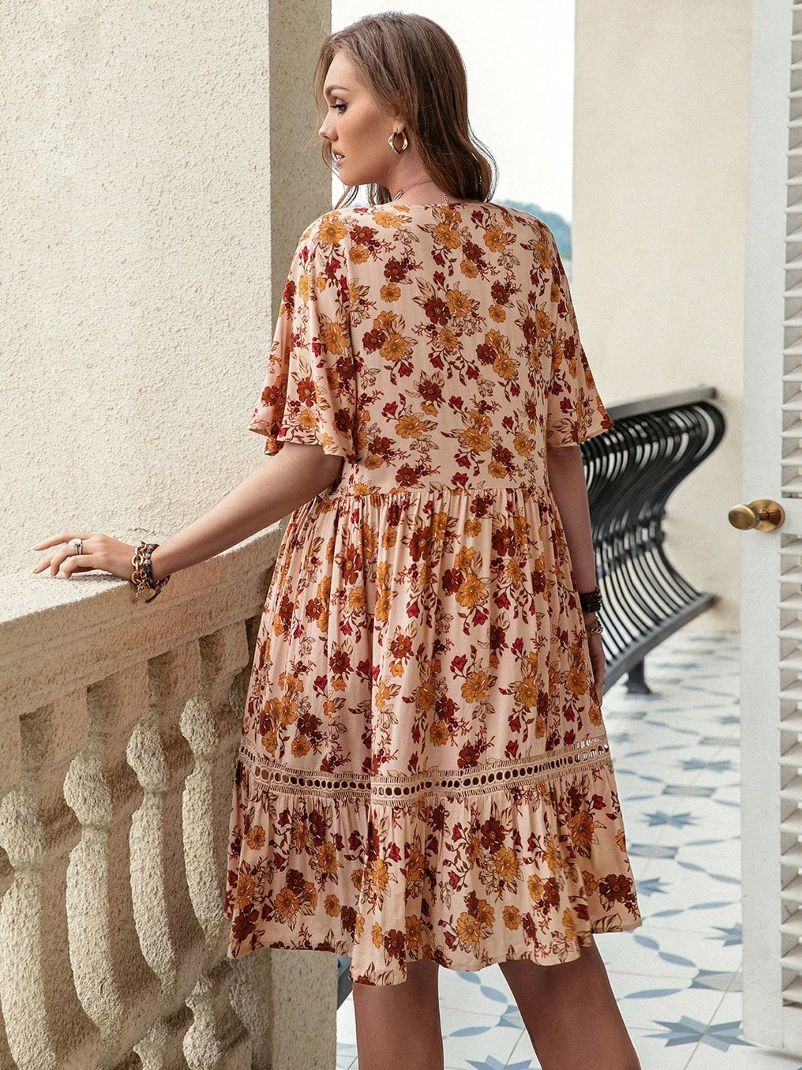 Plus Size Floral Crochet Flutter Sleeve Dress - The Daily Makeover