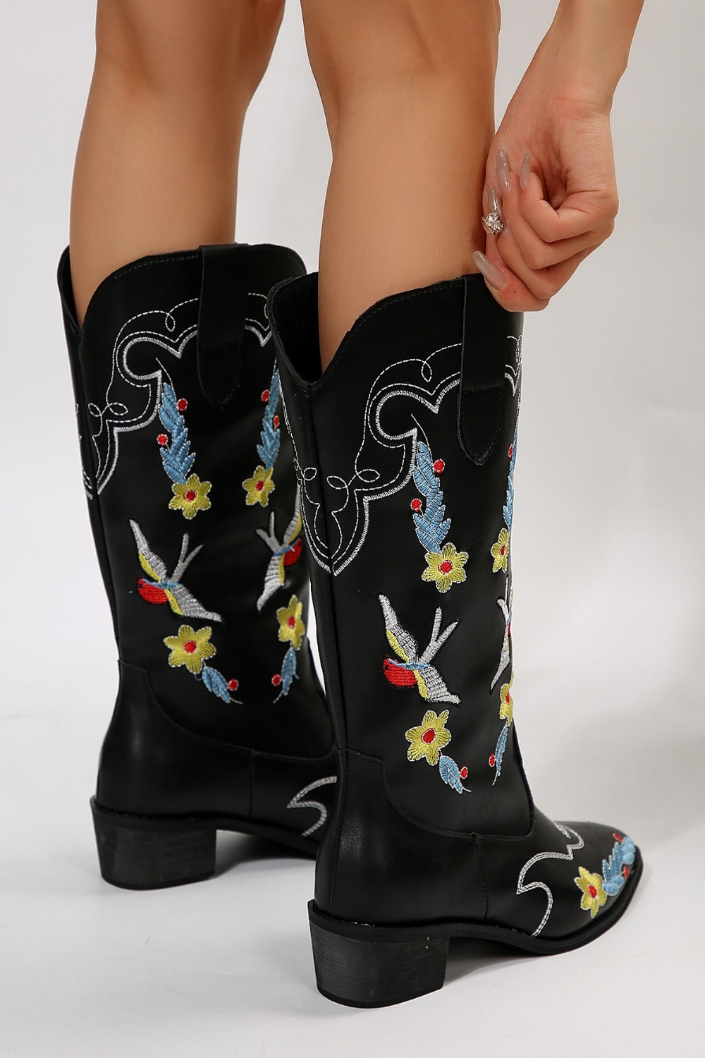 Embroidered Point Toe Block Heel Boots - The Daily Makeover