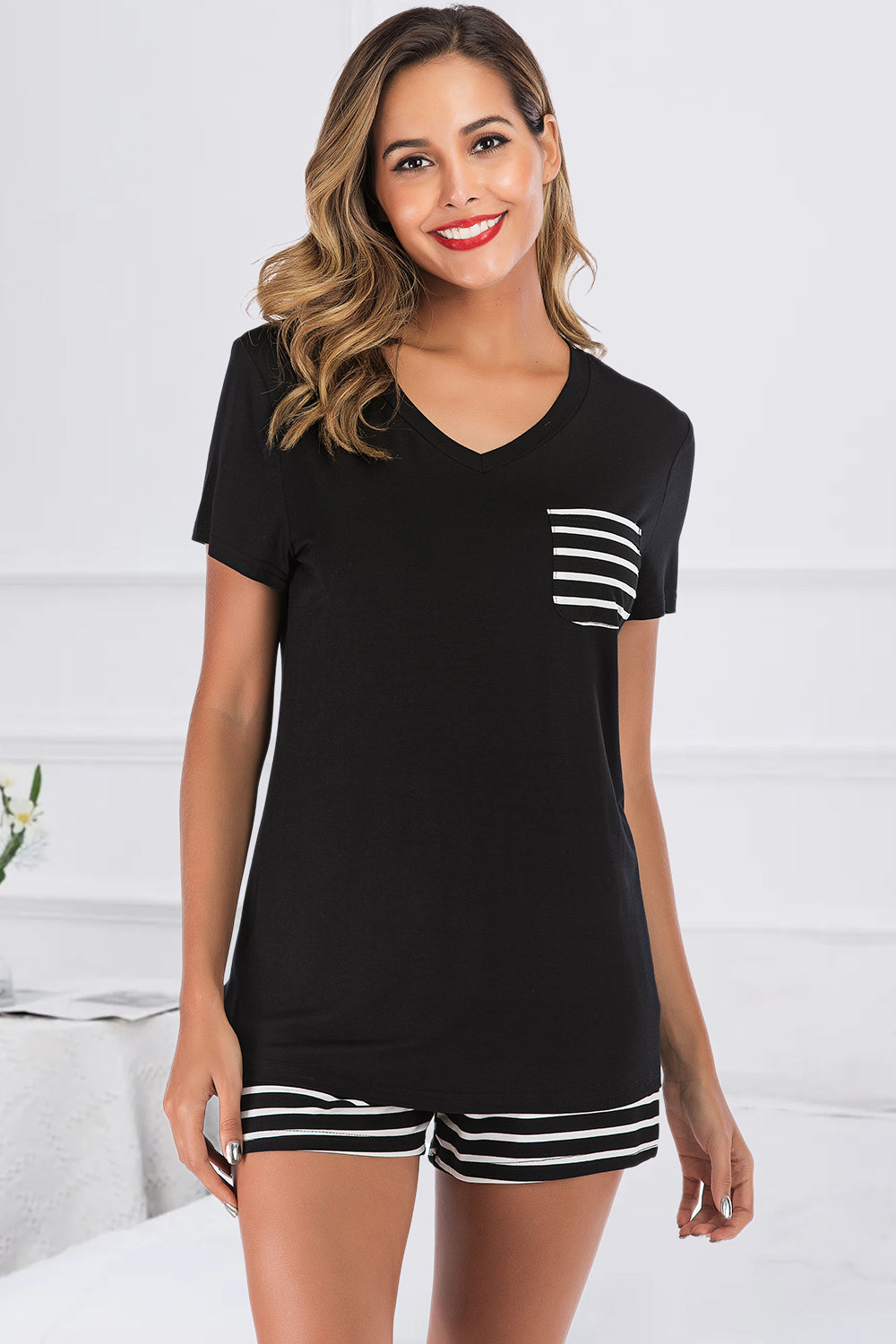 Striped Short Sleeve Top and Shorts Lounge Set - The Daily Makeover