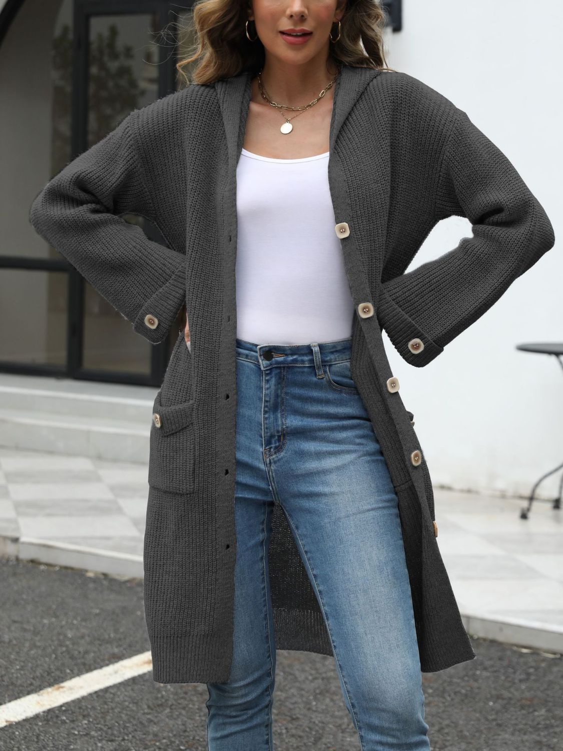 Pocketed Button Up Long Sleeve Hooded Cardigan - The Daily Makeover