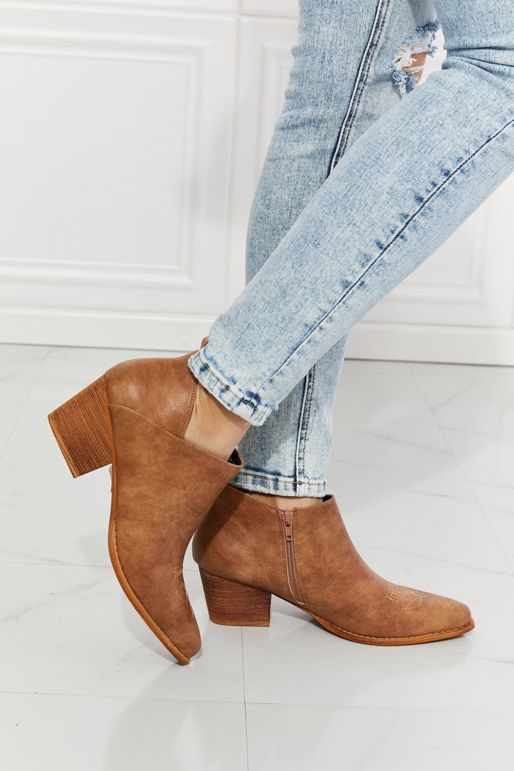MMShoes Trust Yourself Embroidered Crossover Cowboy Bootie in Caramel - The Daily Makeover