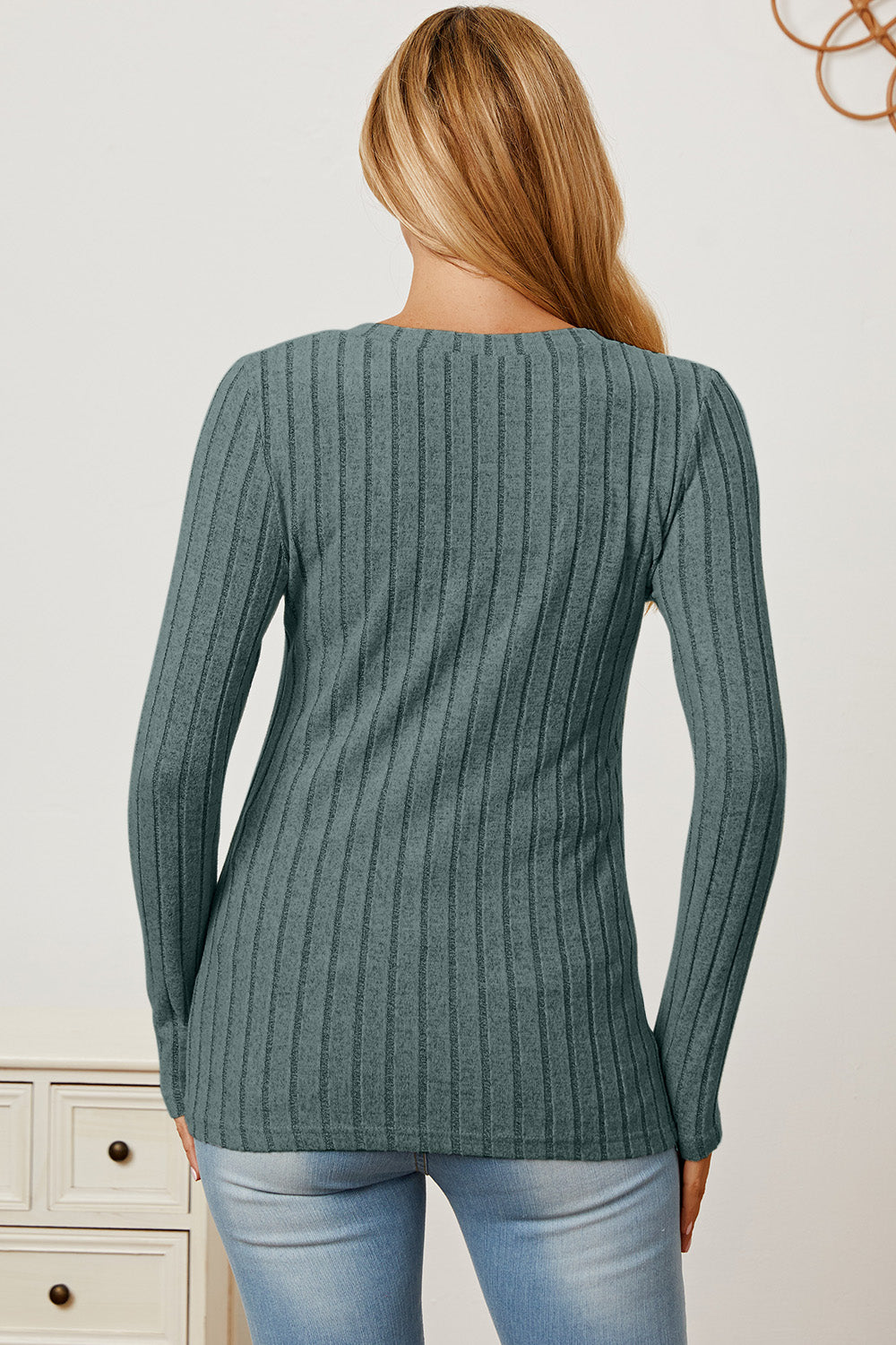 Full Size Ribbed V-Neck Long Sleeve T-Shirt - The Daily Makeover