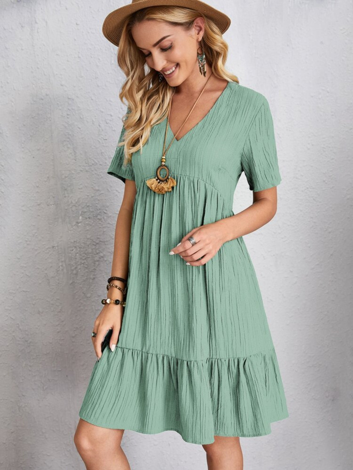 Full Size V-Neck Short Sleeve Dress - The Daily Makeover