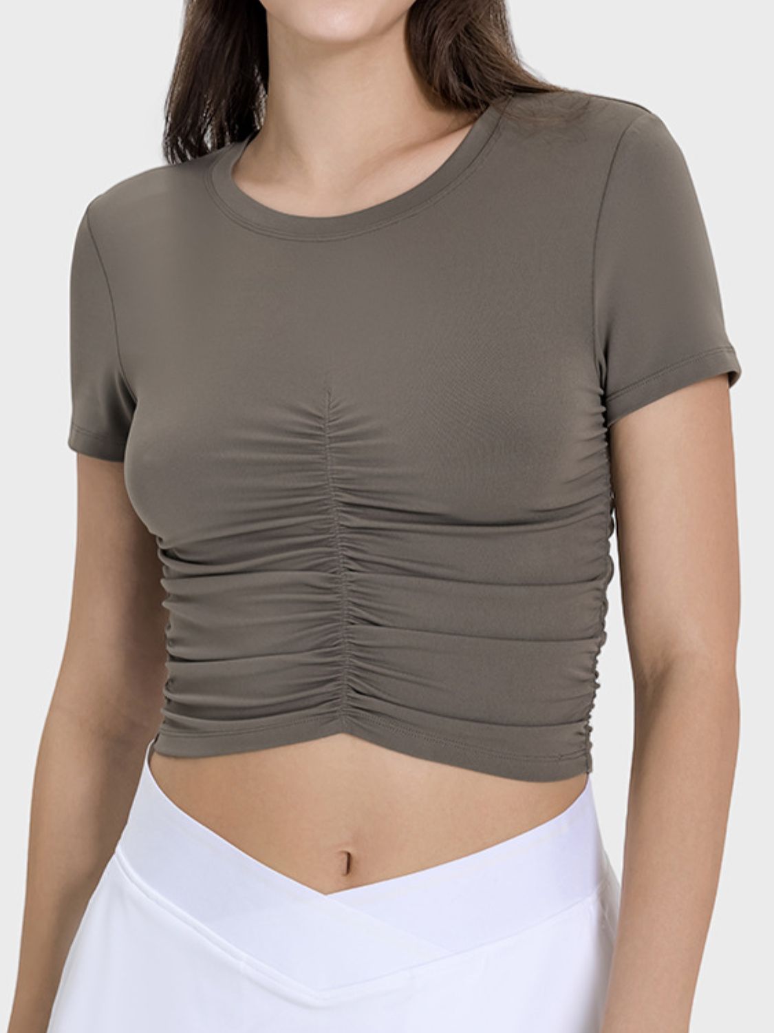 Millennia Ruched Round Neck Short Sleeve Active T-Shirt - The Daily Makeover