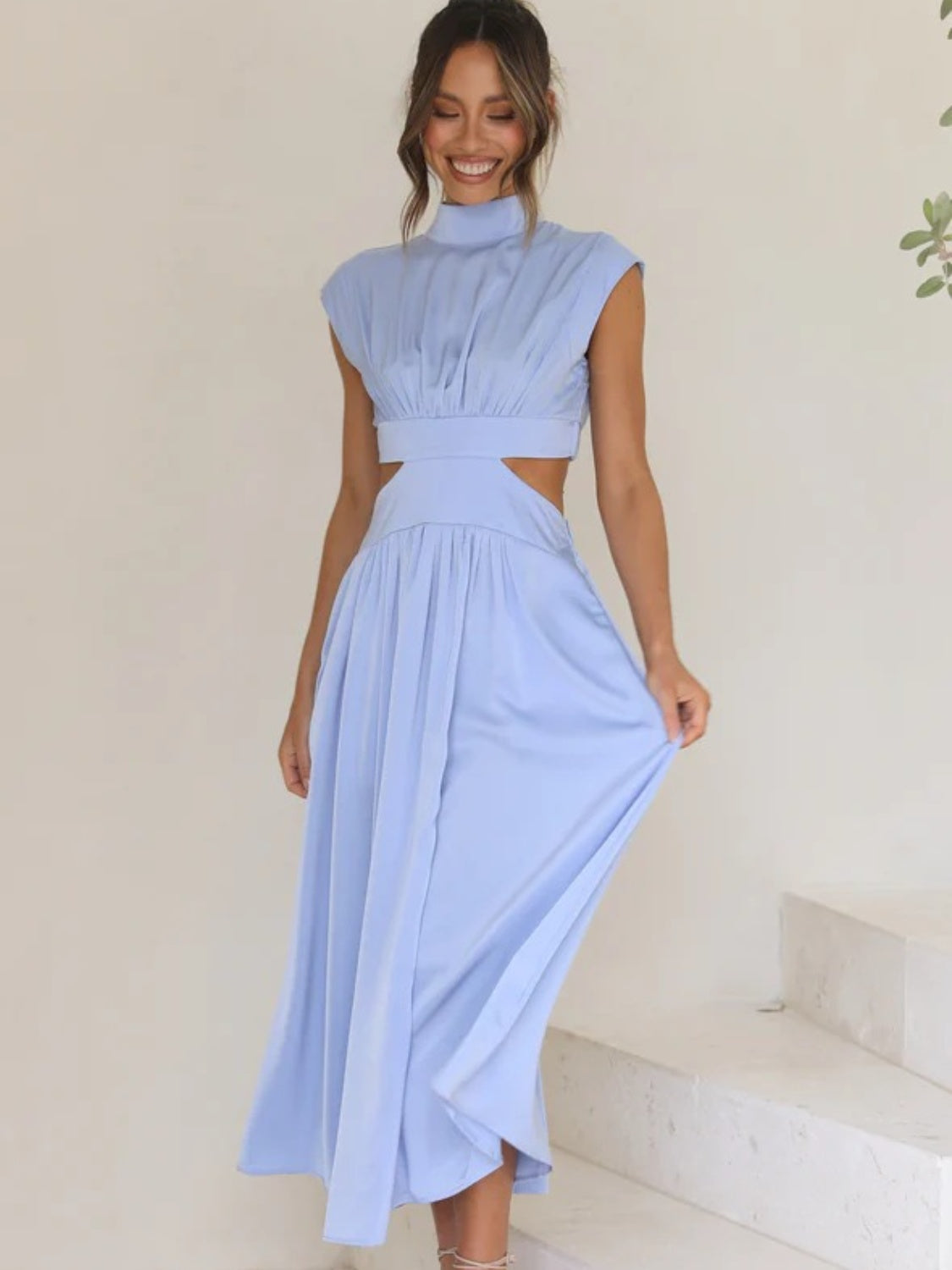 Cutout Mock Neck Sleeveless Ruched Dress - The Daily Makeover