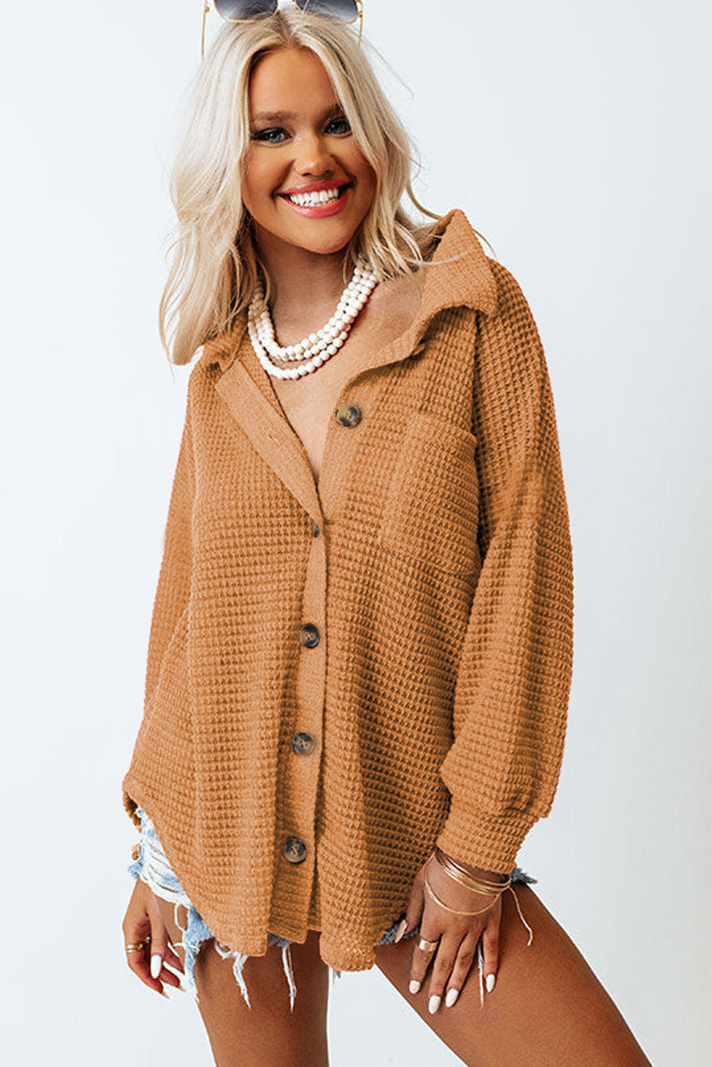 Waffle-Knit Collared Neck Long Sleeve Shirt - The Daily Makeover