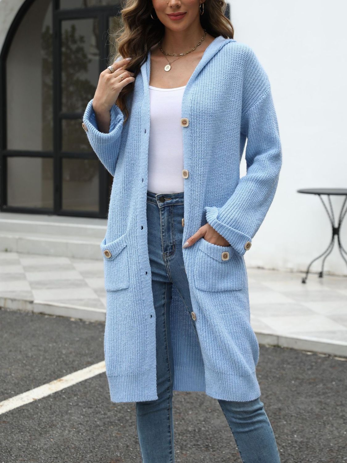 Pocketed Button Up Long Sleeve Hooded Cardigan - The Daily Makeover