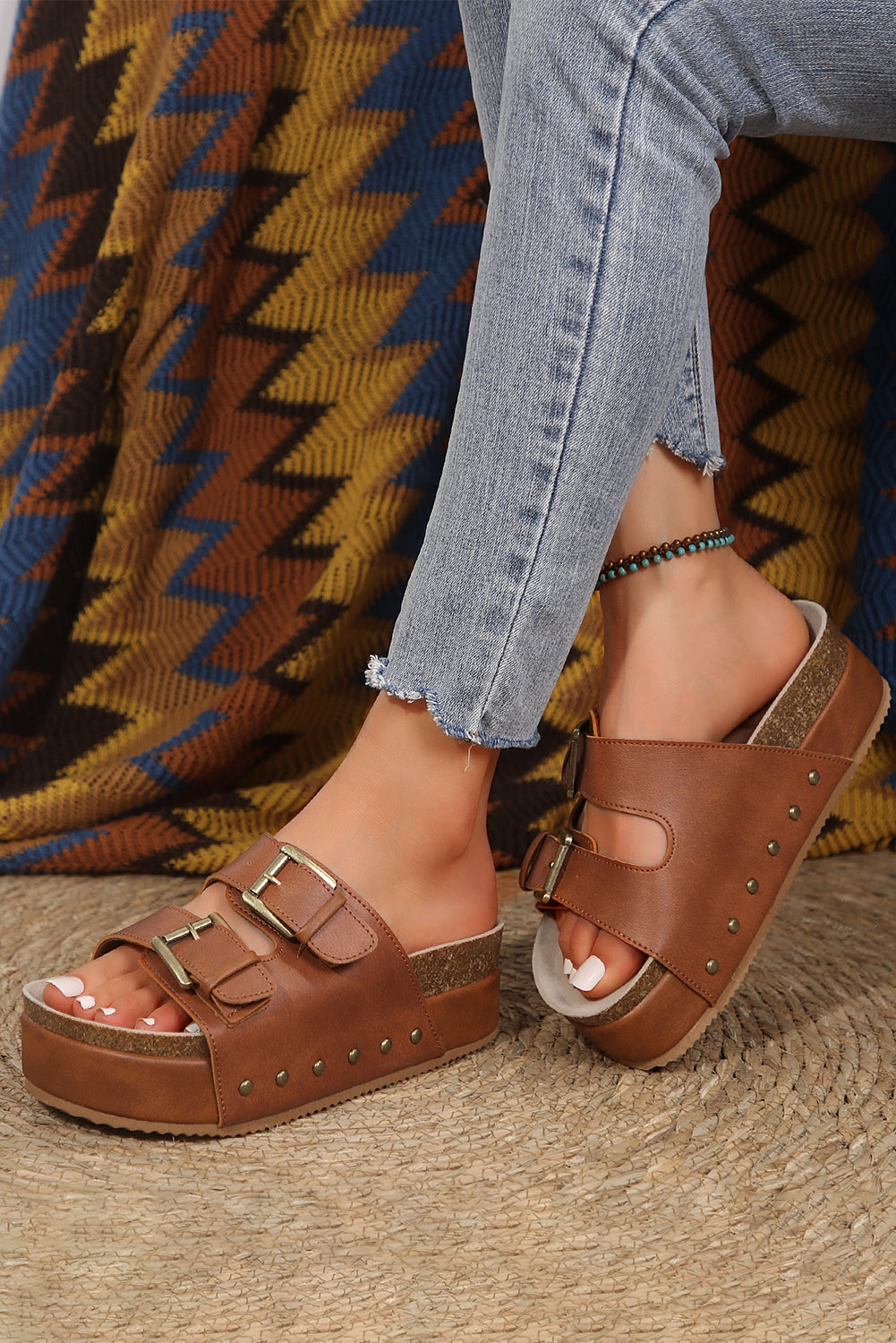 Chestnut Dual Buckle Studded Vintage Platform Slides Shoes - The Daily Makeover