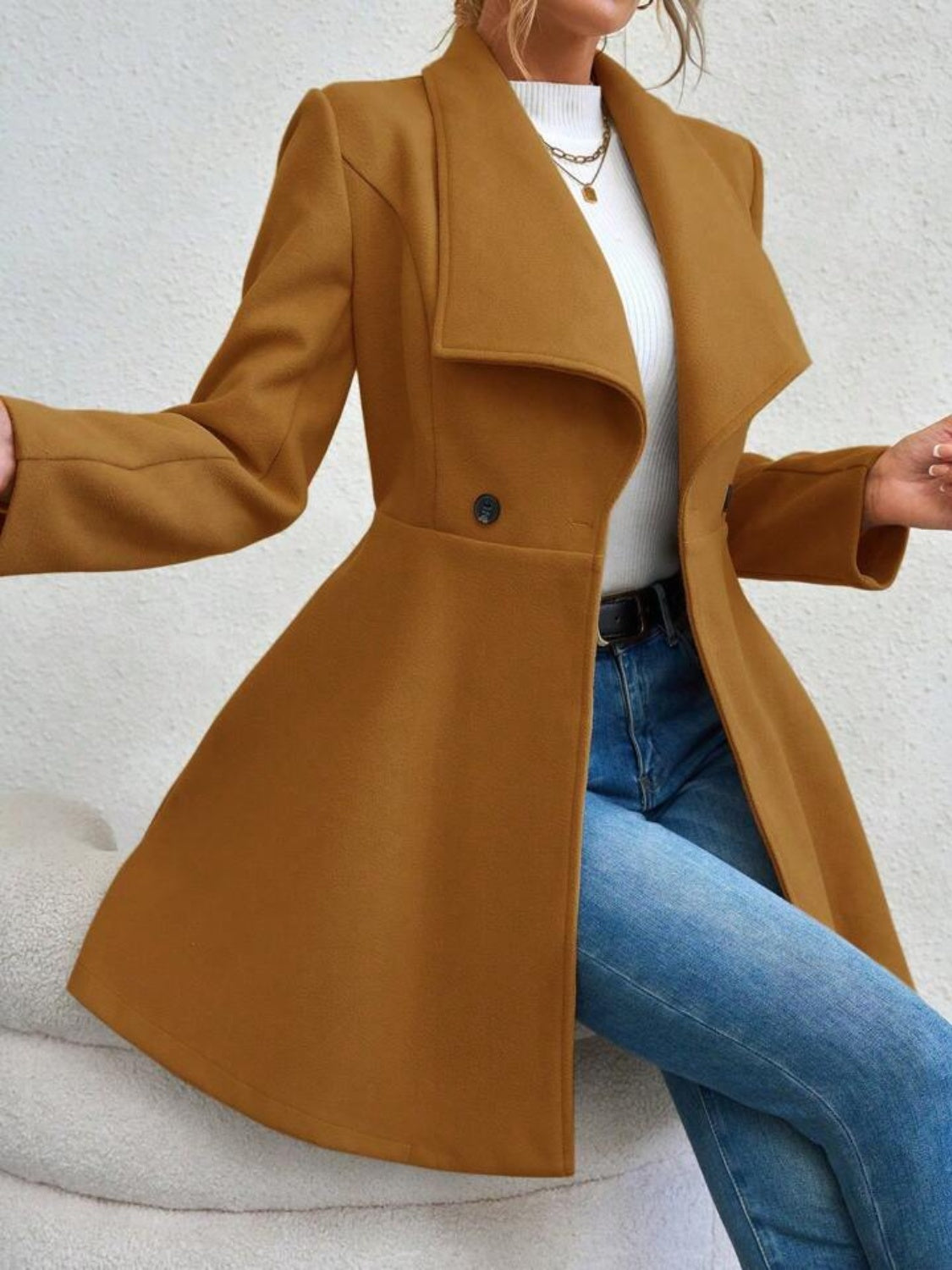 Collared Neck Button Up Long Sleeve Coat - The Daily Makeover