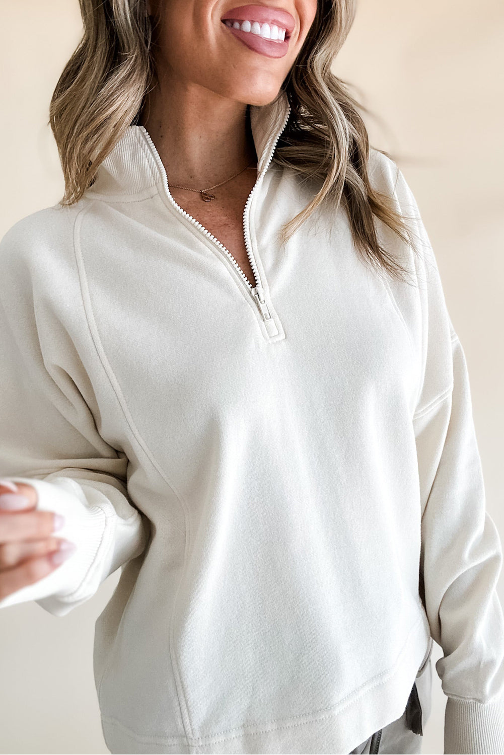 White Zipper Collared Drop Shoulder Plain Sweatshirt - The Daily Makeover
