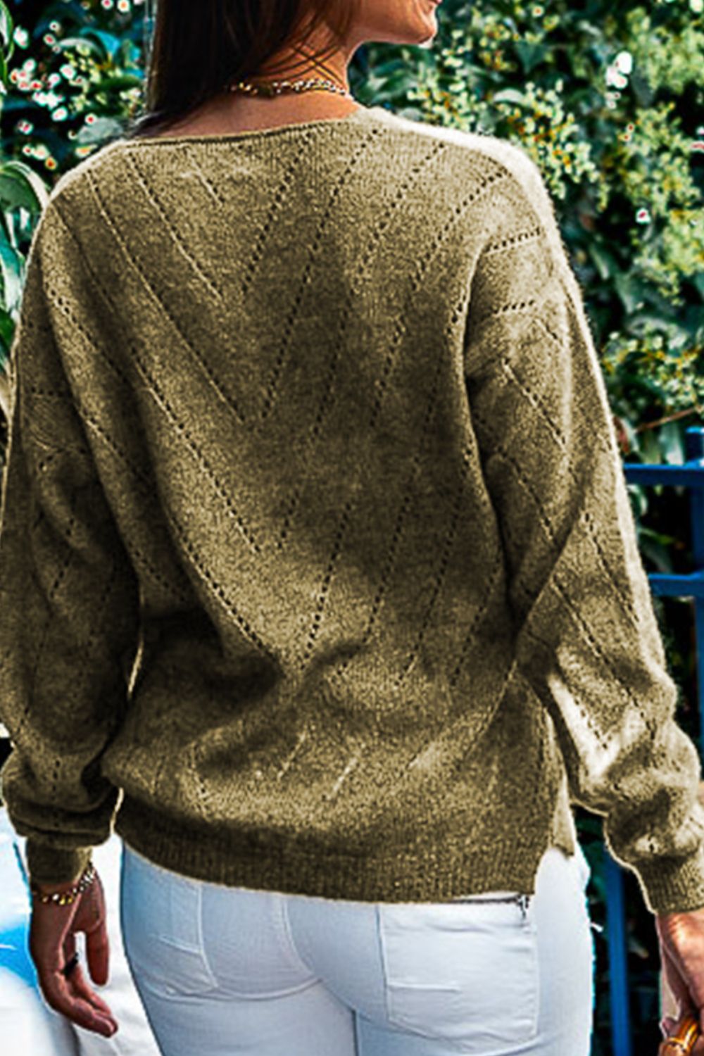 Openwork V-Neck Long Sleeve Sweater - The Daily Makeover